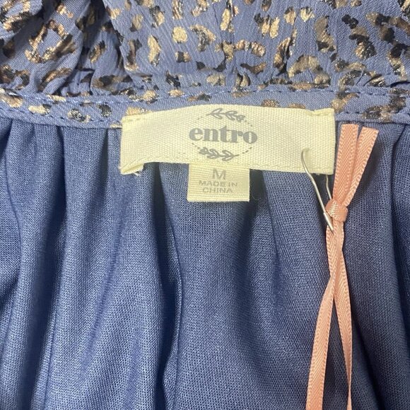 Entro Top Ladies Blue w/ Metallic Gold Leopard 3/4 Sleeves Ruffled V Neck - Picture 12 of 13